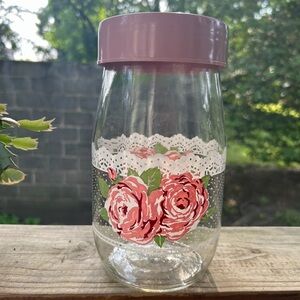 Vintage Carlton Glass Jar with lid 1.5 L pink roses and white lace cottage core